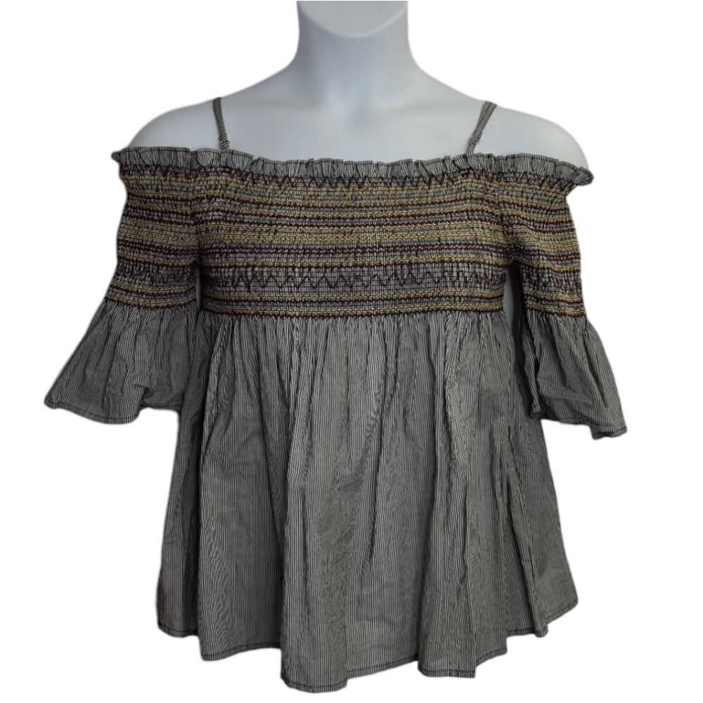 EM striped off‎ shoulder smocked bell sleeve babydoll top M